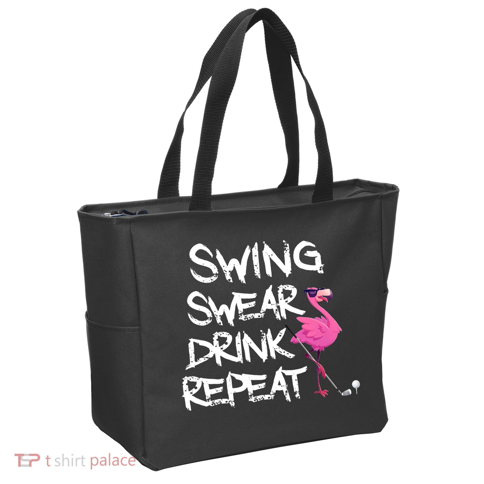 Swing Swear Drink Repeat Flamingo Playing retro Golf Tote Bag