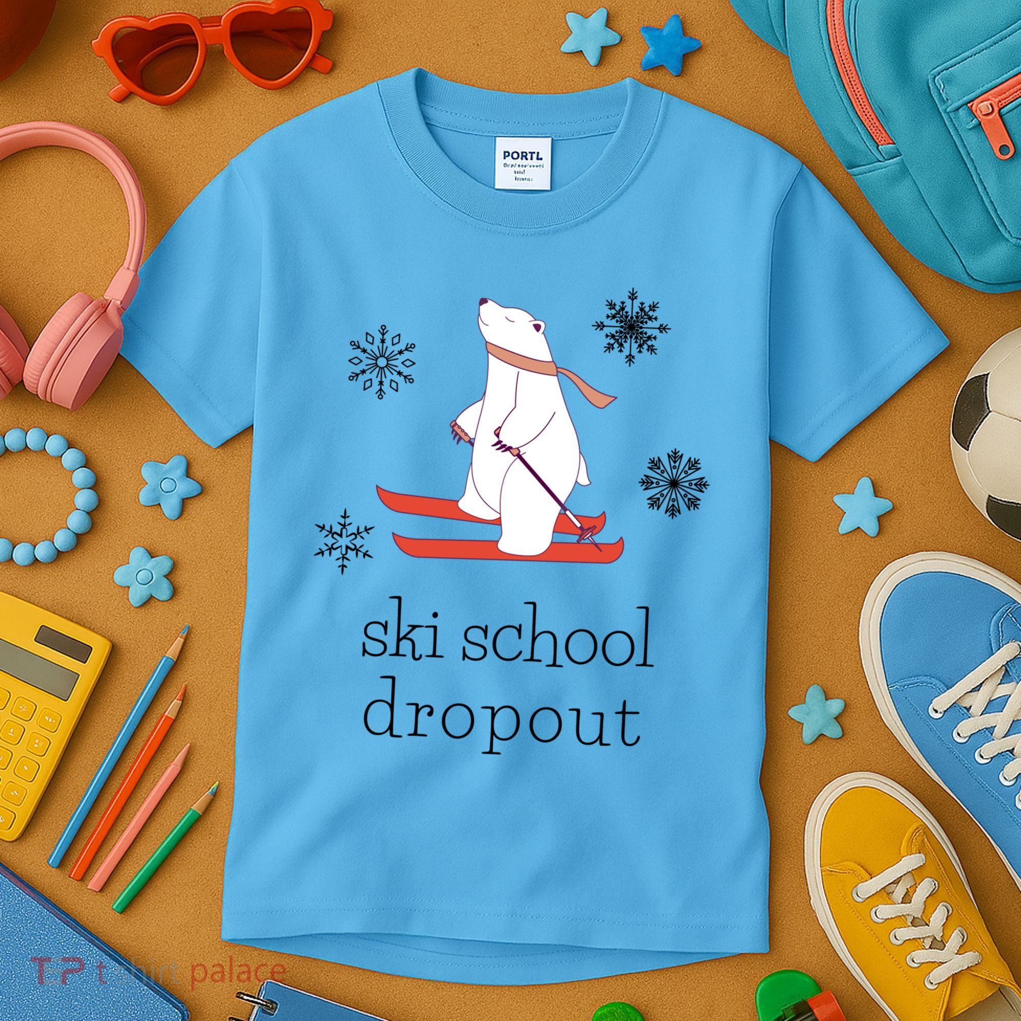 Ski School Dropout Skiing Polar Bear Funny Skier Kids T-Shirt