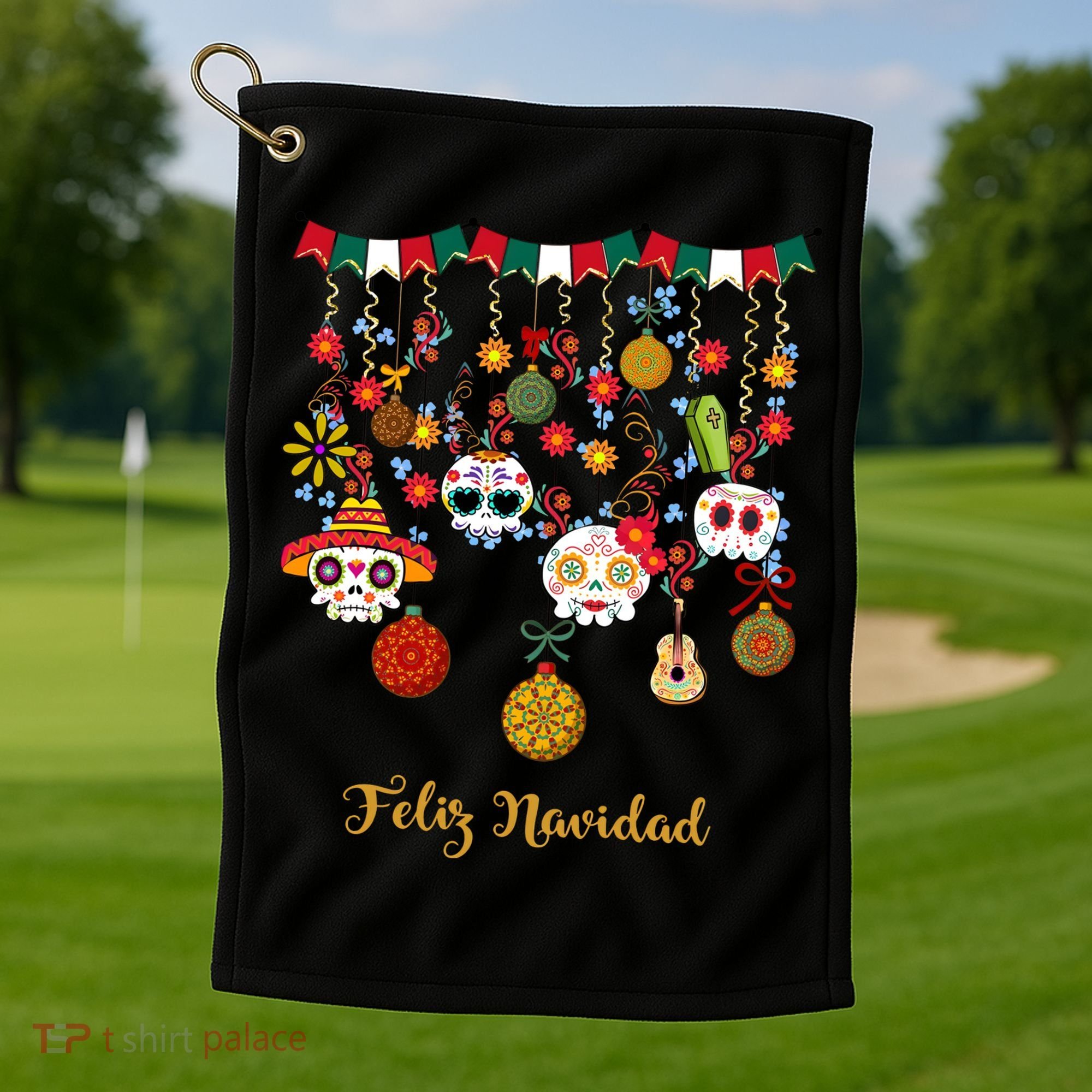 Sugar Skull Feliz Navidad Spanish Christmas Golf Towel