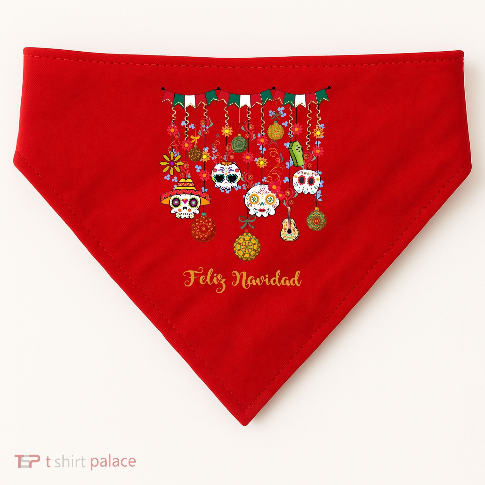 Sugar Skull Feliz Navidad Spanish Christmas USA-Made Doggie Bandana