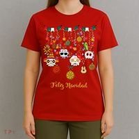 Sugar Skull Feliz Navidad Spanish Christmas T-Shirt thumb 4