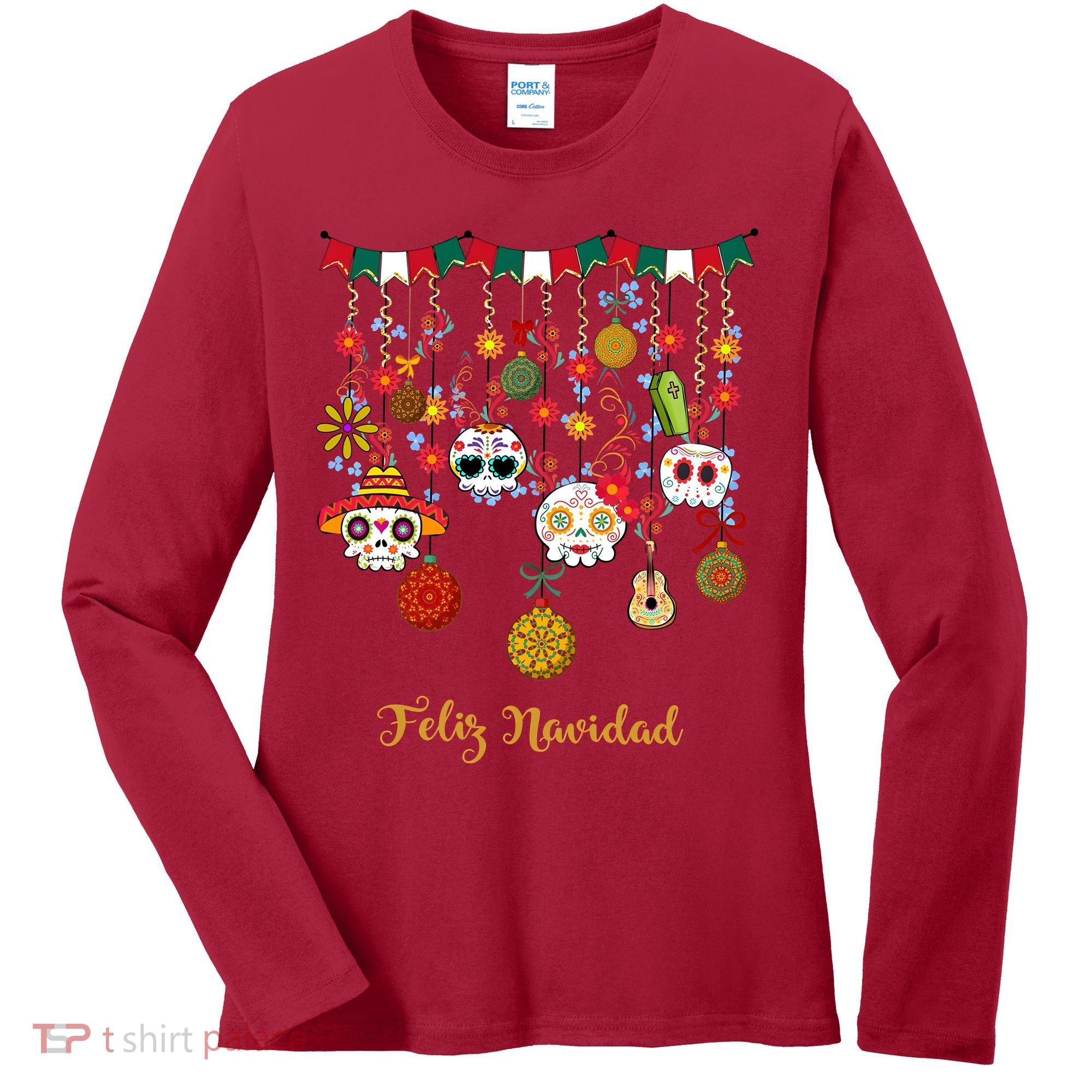 Sugar Skull Feliz Navidad Spanish Christmas Women's Long Sleeve Shirt
