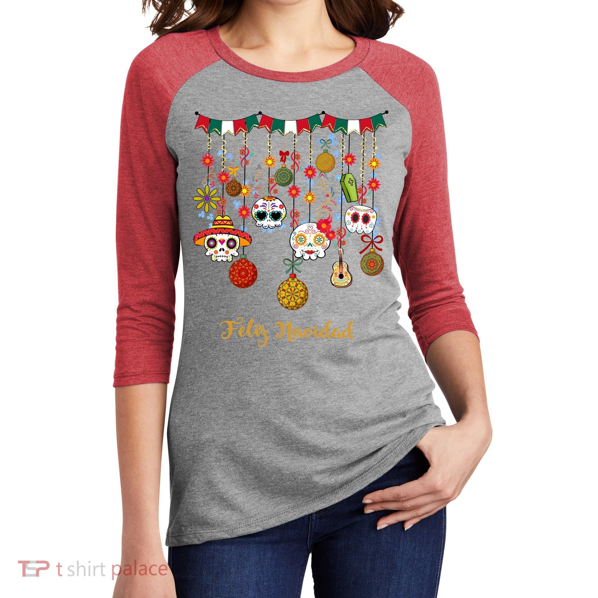 Sugar Skull Feliz Navidad Spanish Christmas Women's Tri-Blend 3/4-Sleeve Raglan Shirt