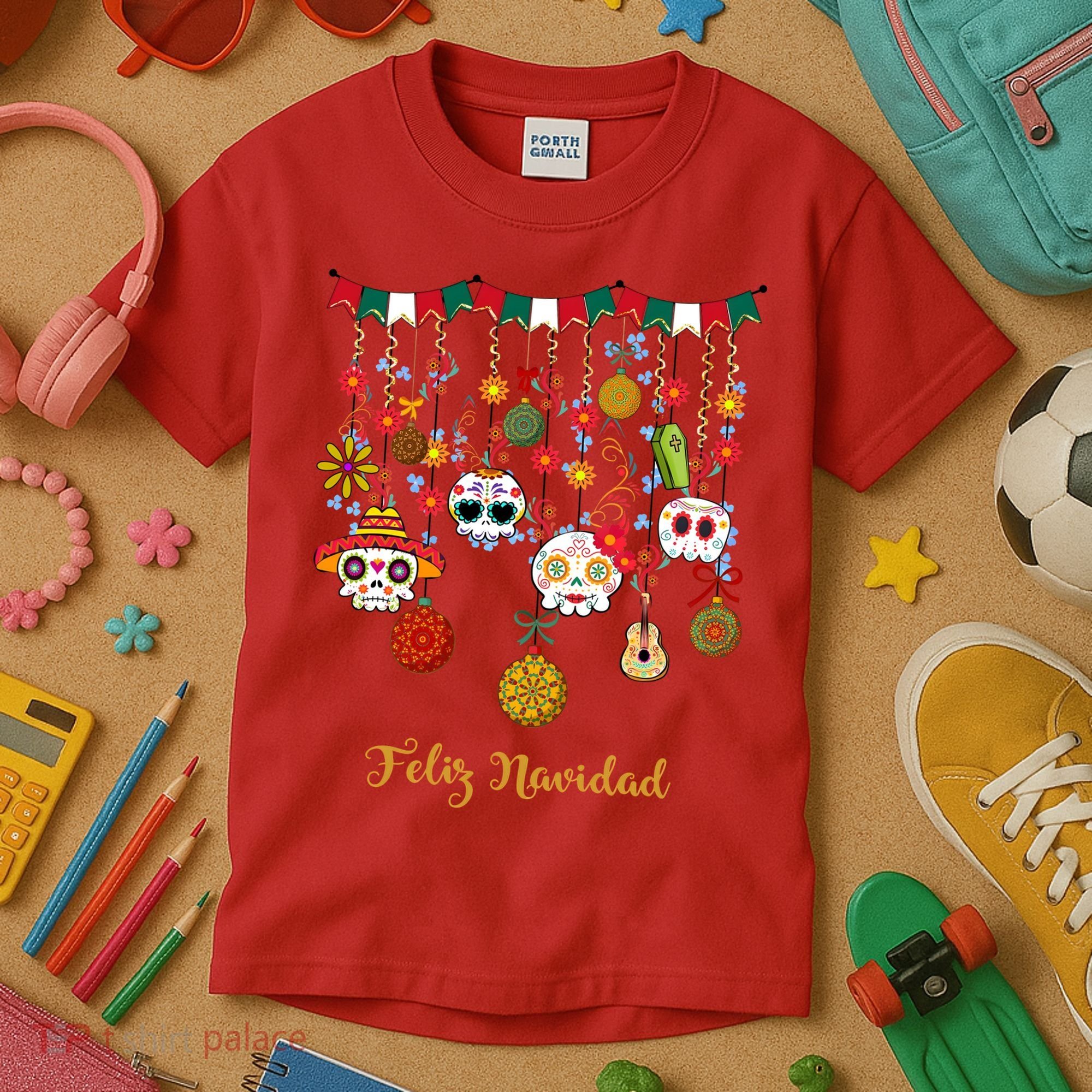Sugar Skull Feliz Navidad Spanish Christmas Kids T-Shirt