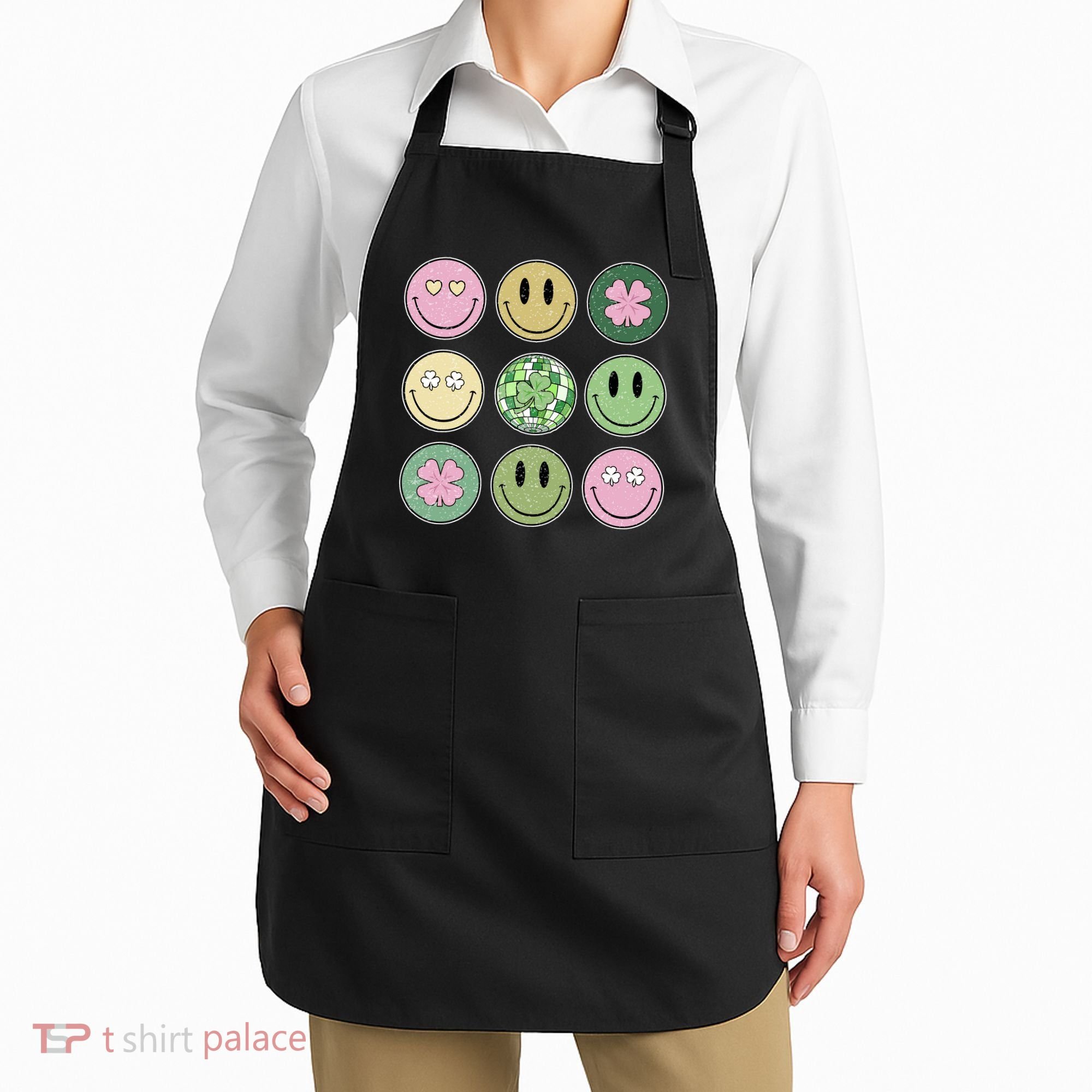 Shamrock Smile Face Disco Retro Groovy St Patricks Day Lucky Apron