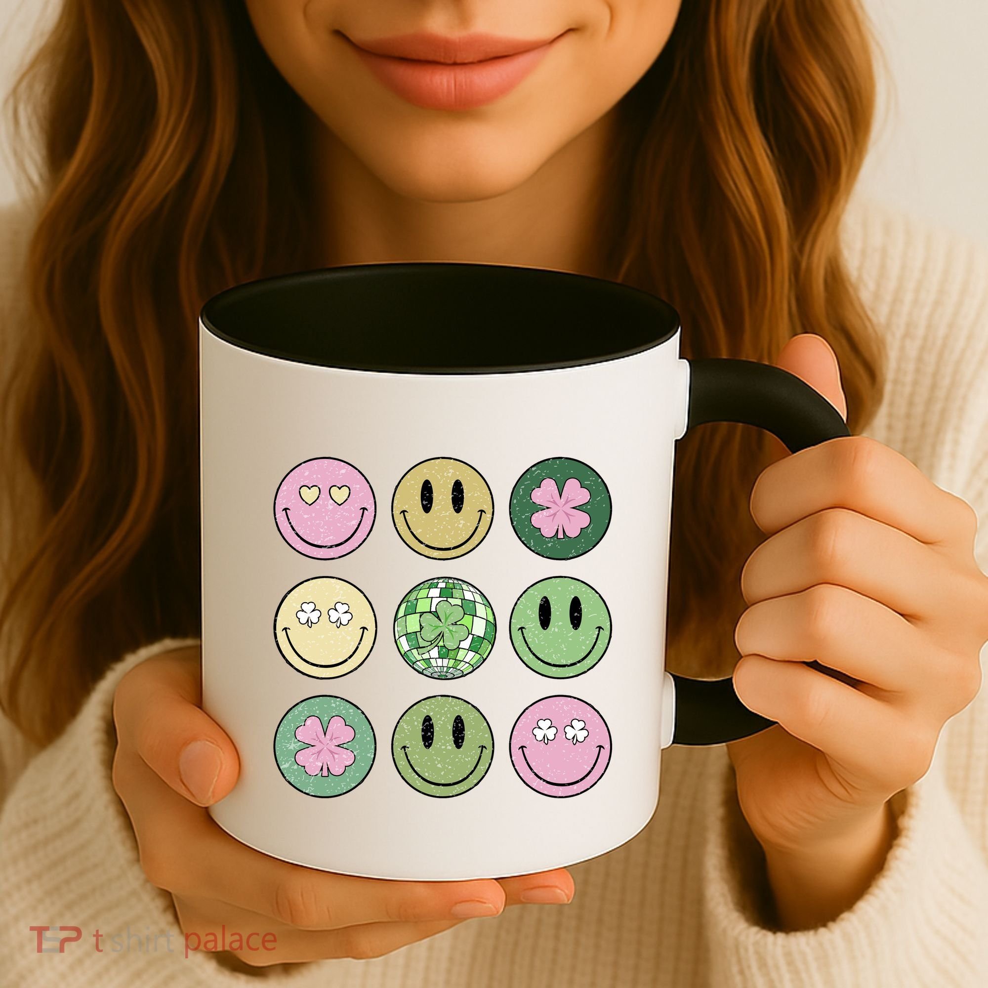 Shamrock Smile Face Disco Retro Groovy St Patricks Day Lucky Coffee Mug