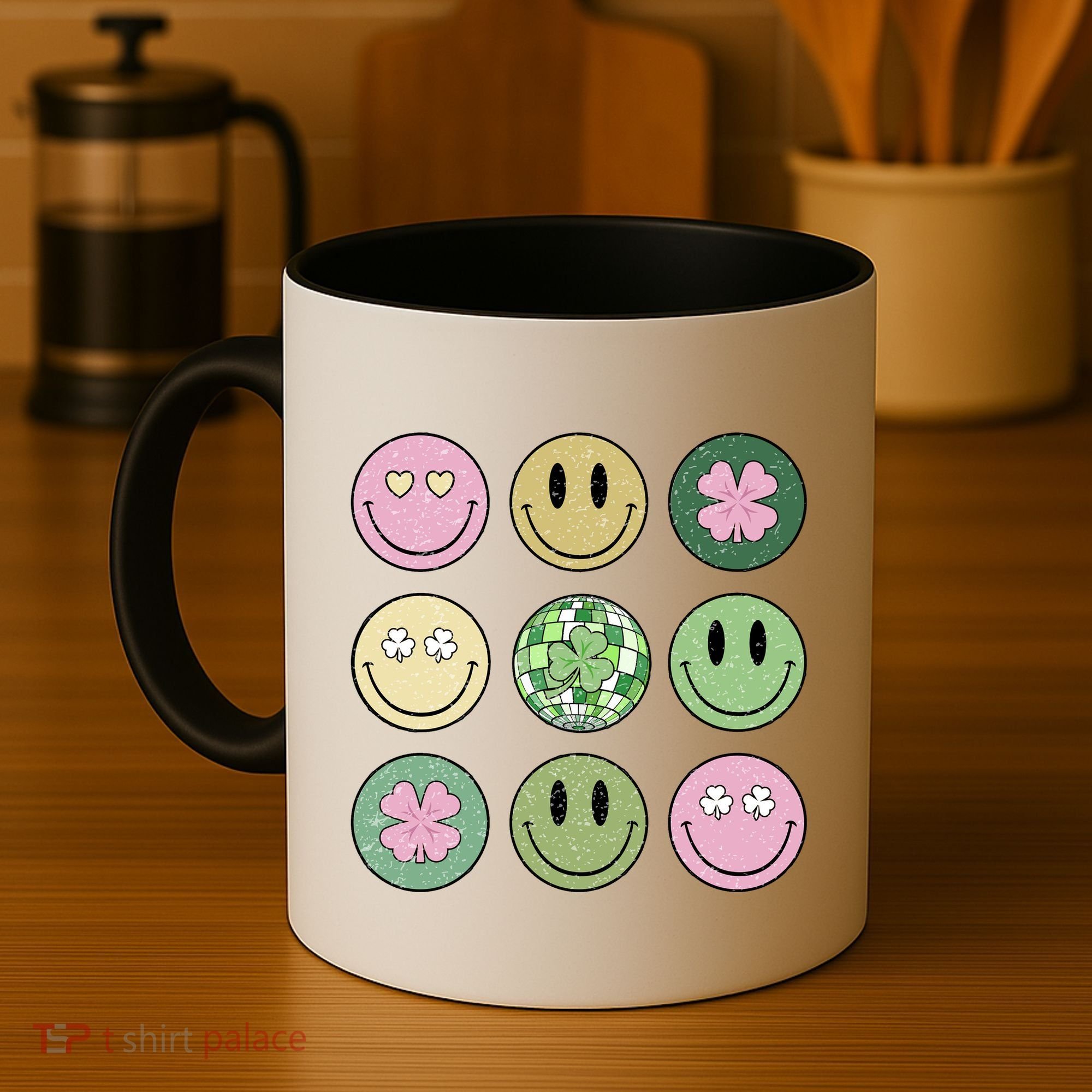 Shamrock Smile Face Disco Retro Groovy St Patricks Day Lucky Coffee Mug