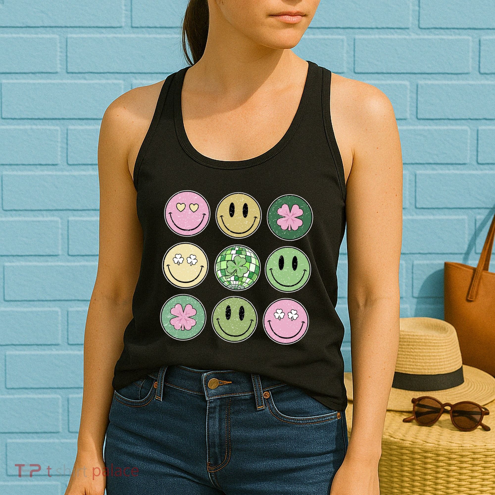 Shamrock Smile Face Disco Retro Groovy St Patricks Day Lucky Women's Tank Top