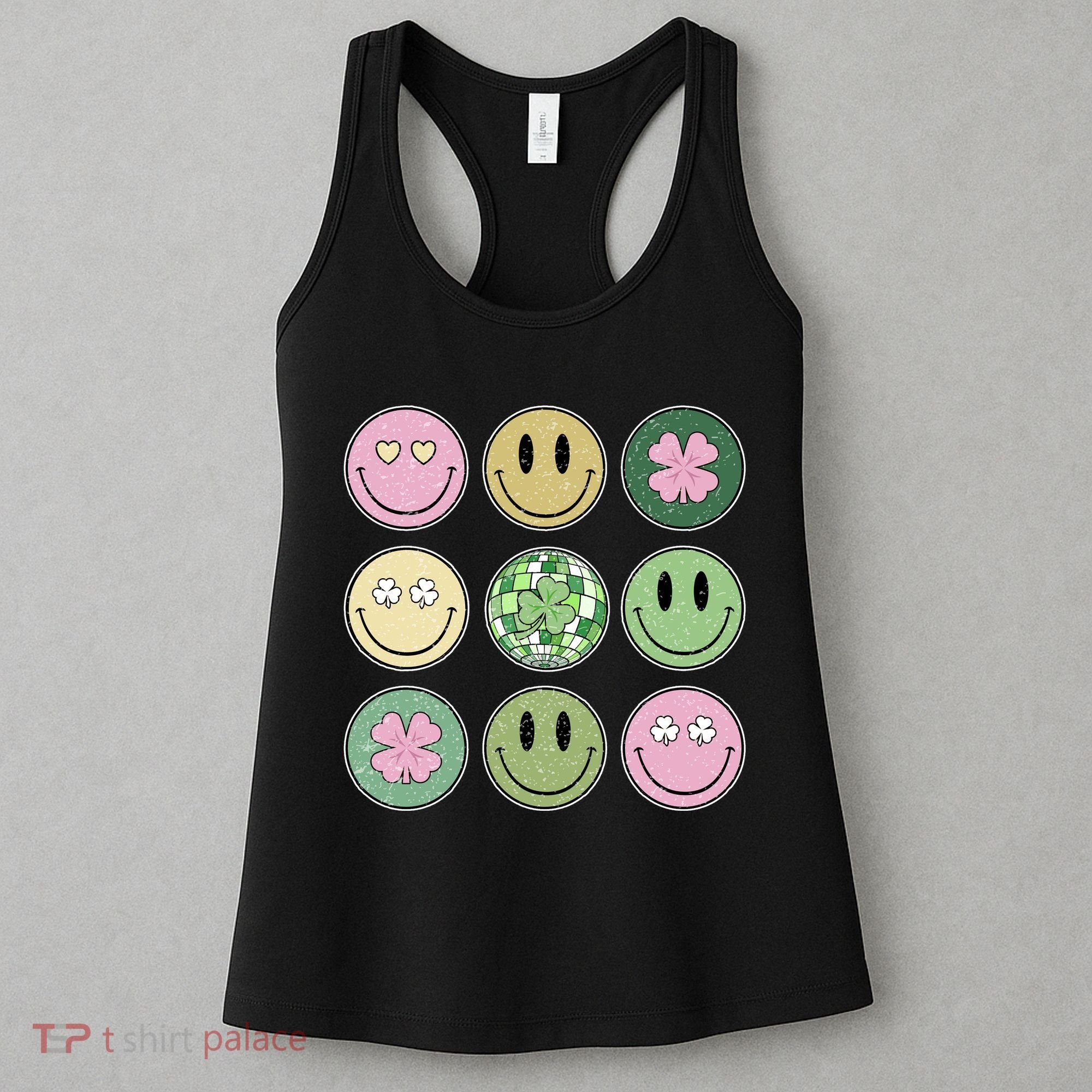 Shamrock Smile Face Disco Retro Groovy St Patricks Day Lucky Women's Tank Top