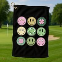 Shamrock Smile Face Disco Retro Groovy St Patricks Day Lucky Golf Towel thumb 1