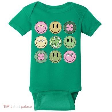Shamrock Smile Face Disco Retro Groovy St Patricks Day Lucky Baby Bodysuit