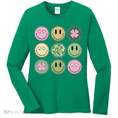 Shamrock Smile Face Disco Retro Groovy St Patricks Day Lucky Women's Long Sleeve Shirt