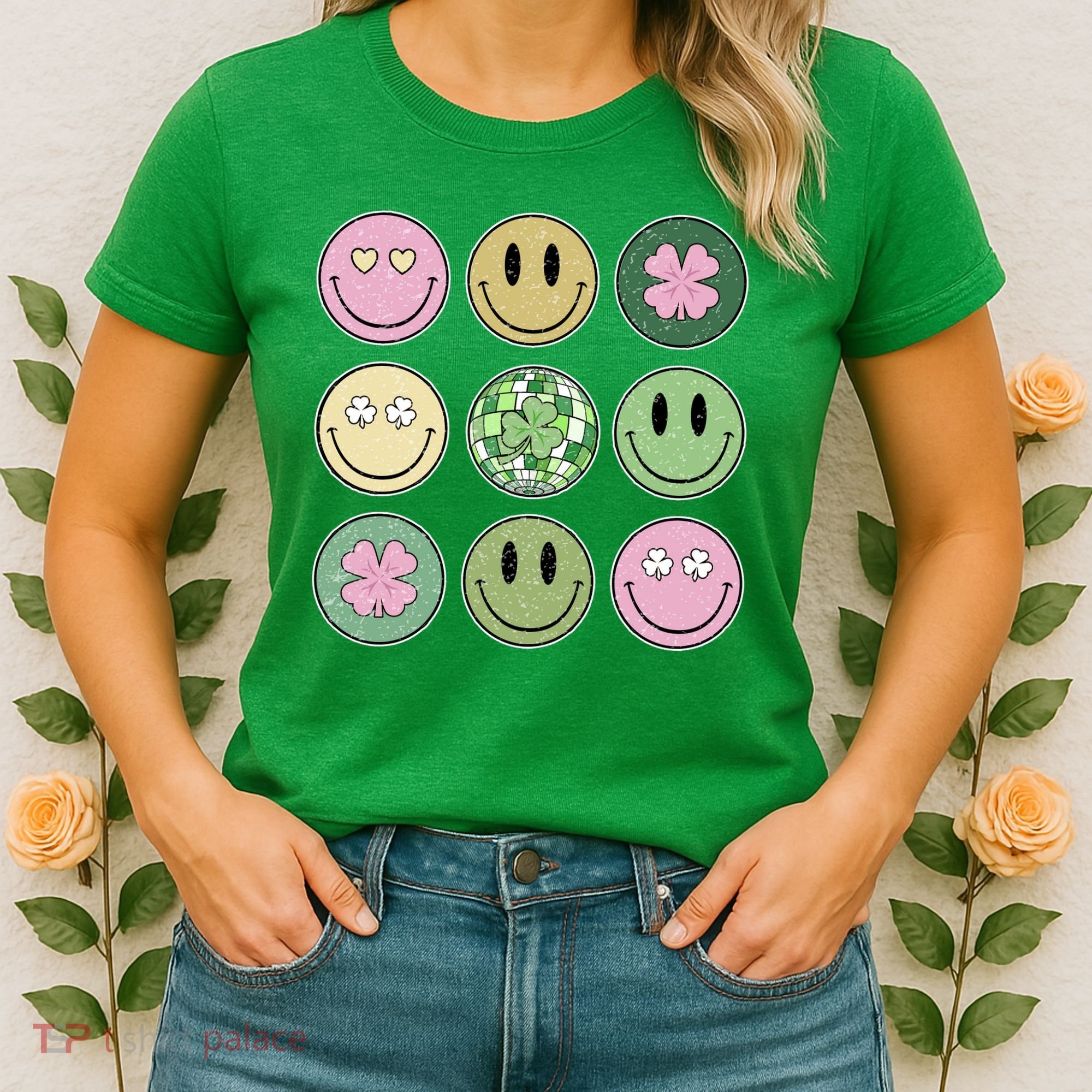 Shamrock Smile Face Disco Retro Groovy St Patricks Day Lucky Women's T-Shirt