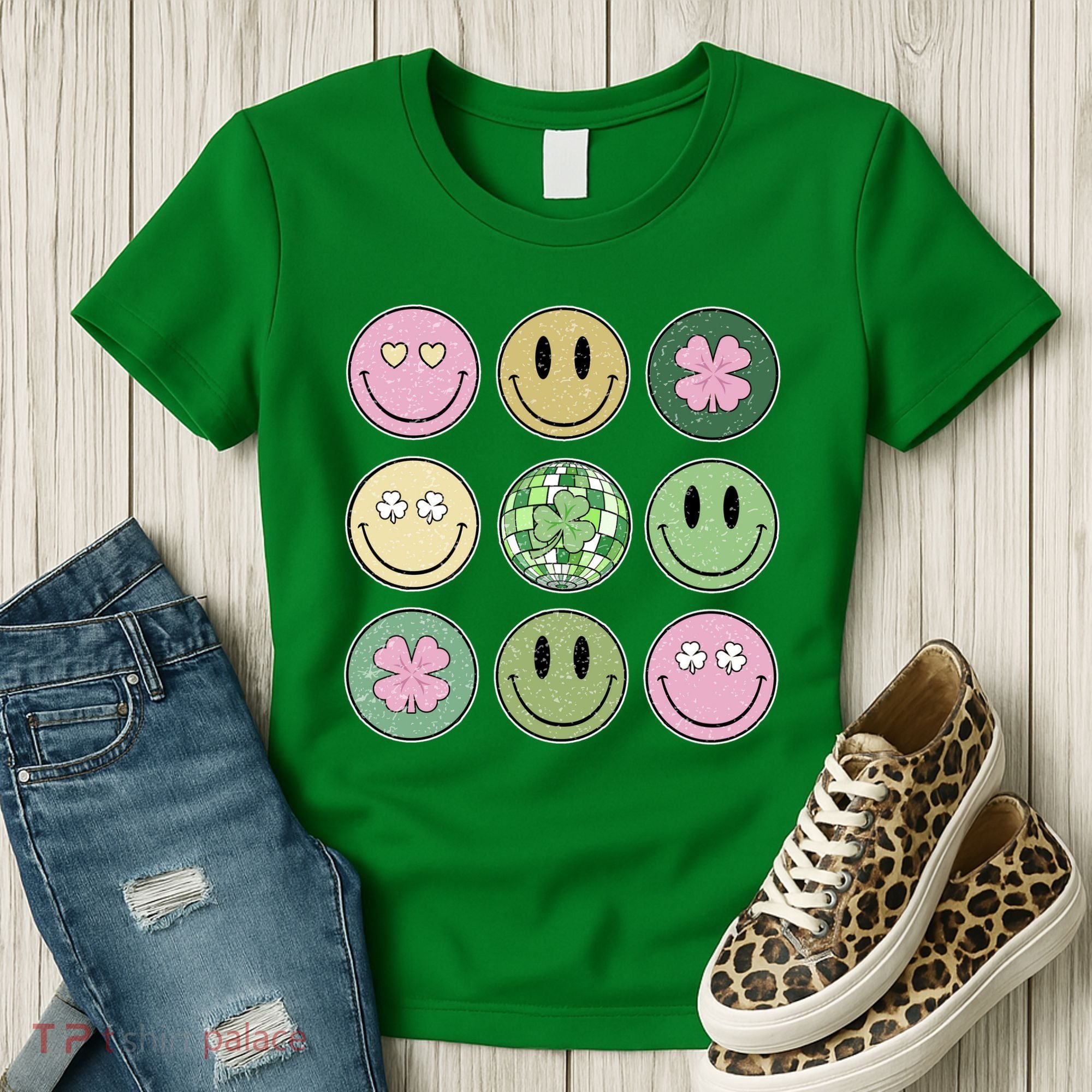 Shamrock Smile Face Disco Retro Groovy St Patricks Day Lucky Women's T-Shirt