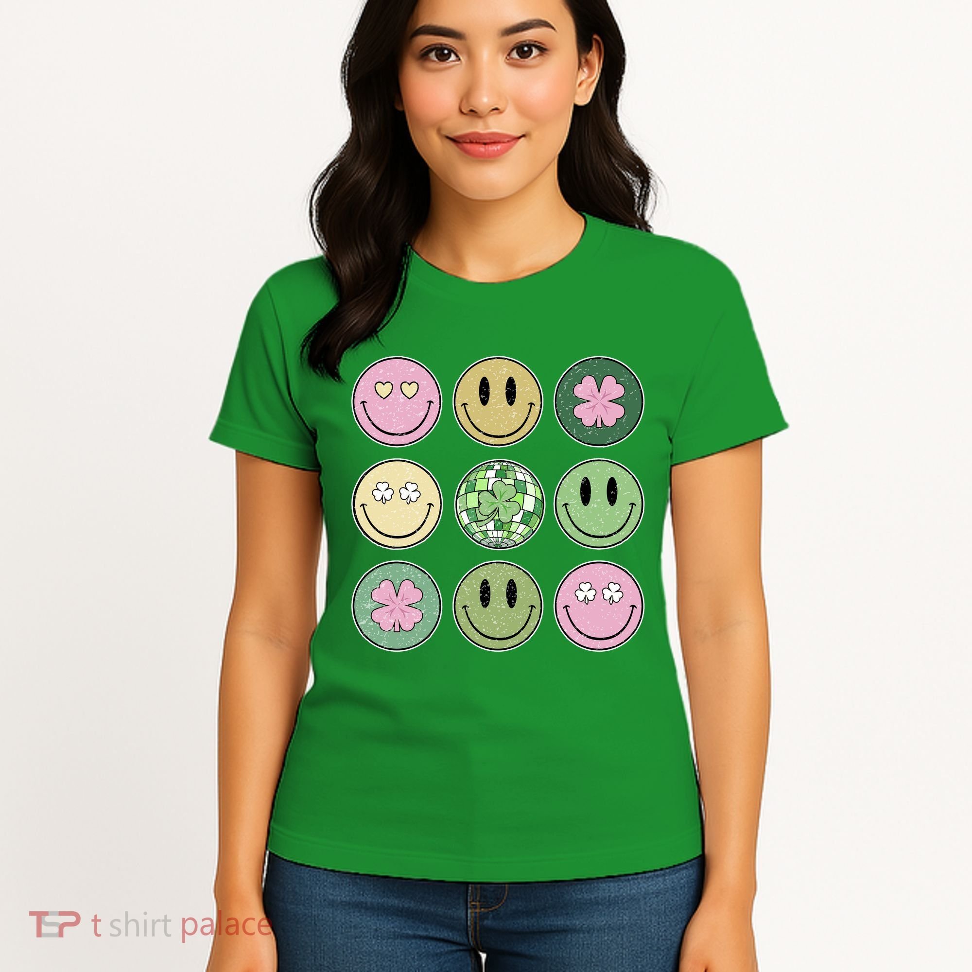 Shamrock Smile Face Disco Retro Groovy St Patricks Day Lucky Women's T-Shirt
