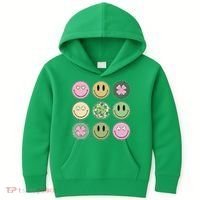 Shamrock Smile Face Disco Retro Groovy St Patricks Day Lucky Kids Hoodie thumb 0