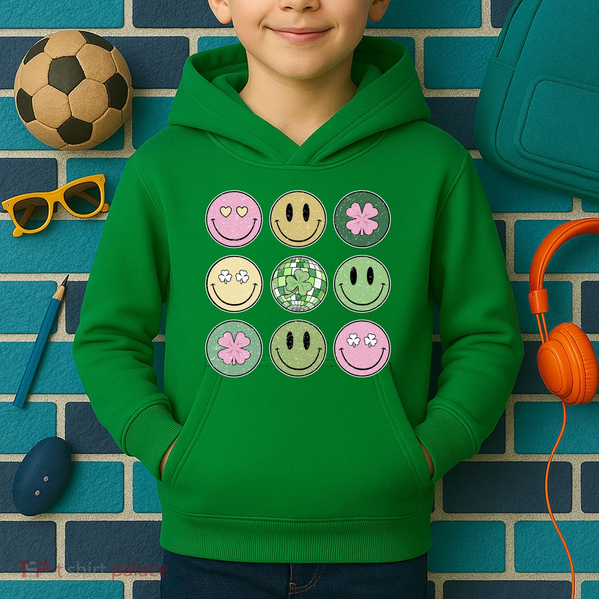 Shamrock Smile Face Disco Retro Groovy St Patricks Day Lucky Kids Hoodie