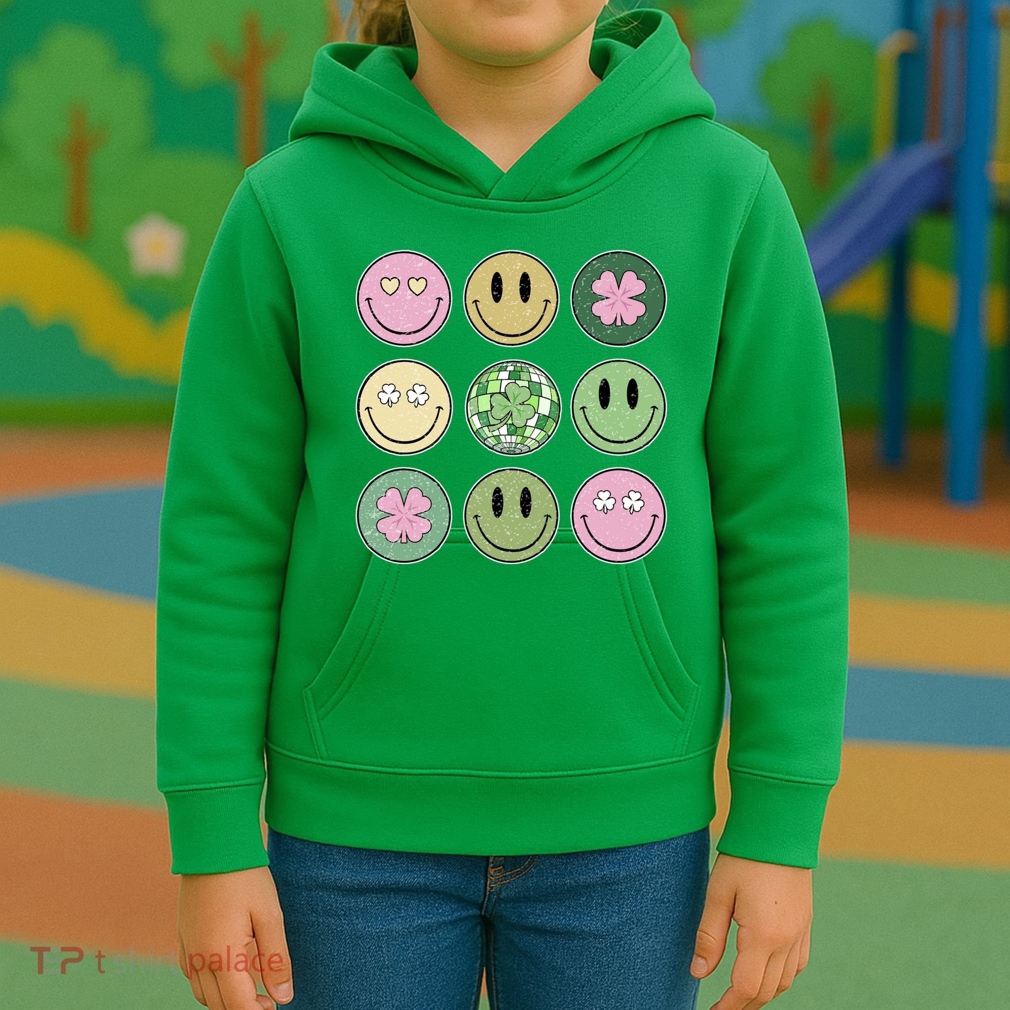 Shamrock Smile Face Disco Retro Groovy St Patricks Day Lucky Kids Hoodie