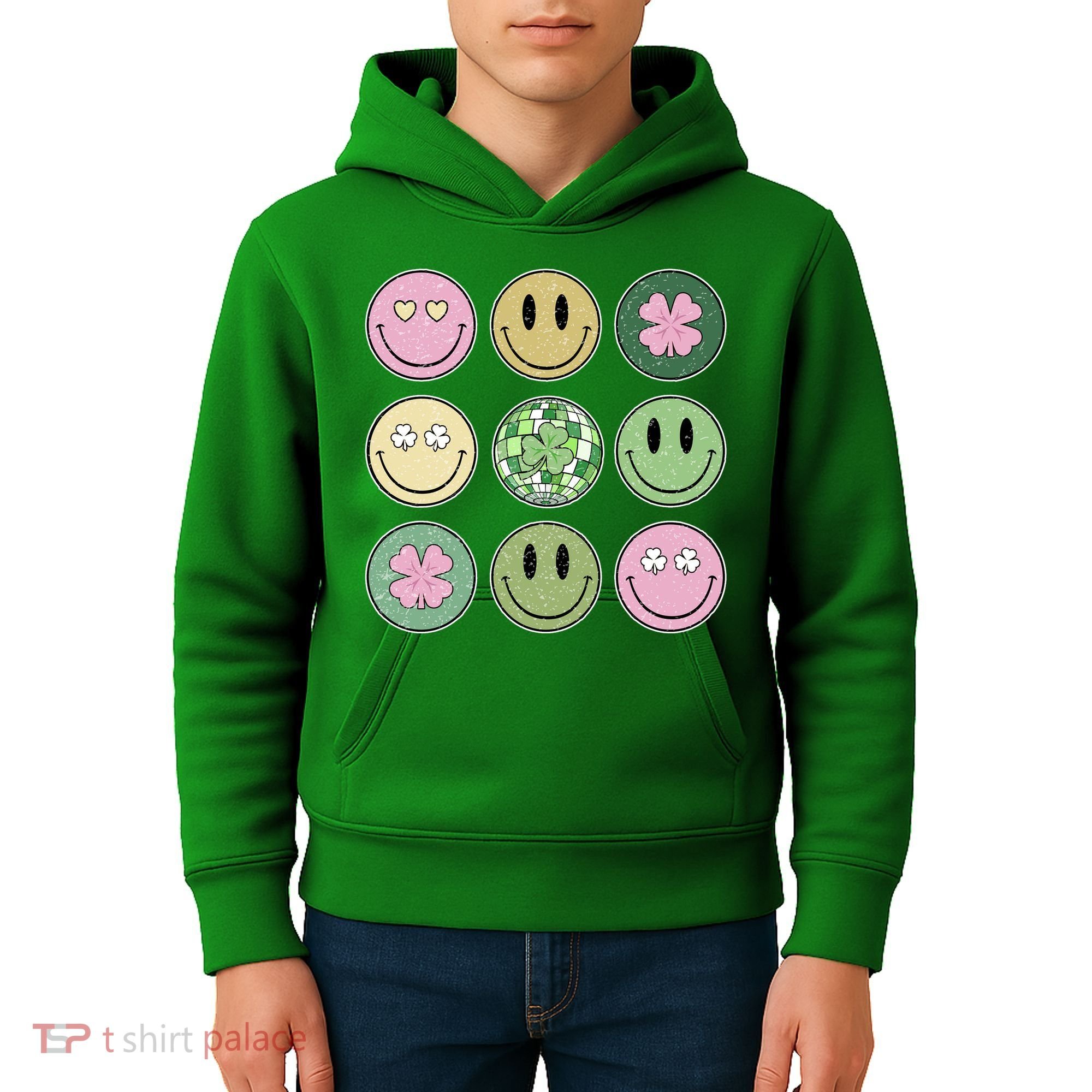 Shamrock Smile Face Disco Retro Groovy St Patricks Day Lucky Kids Hoodie