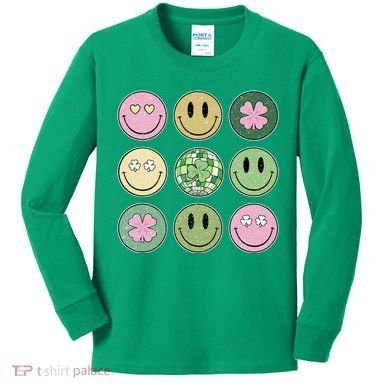 Shamrock Smile Face Disco Retro Groovy St Patricks Day Lucky Kids Long Sleeve Shirt