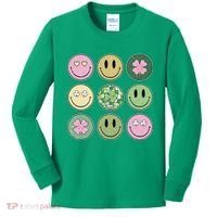 Shamrock Smile Face Disco Retro Groovy St Patricks Day Lucky Kids Long Sleeve Shirt thumb 0