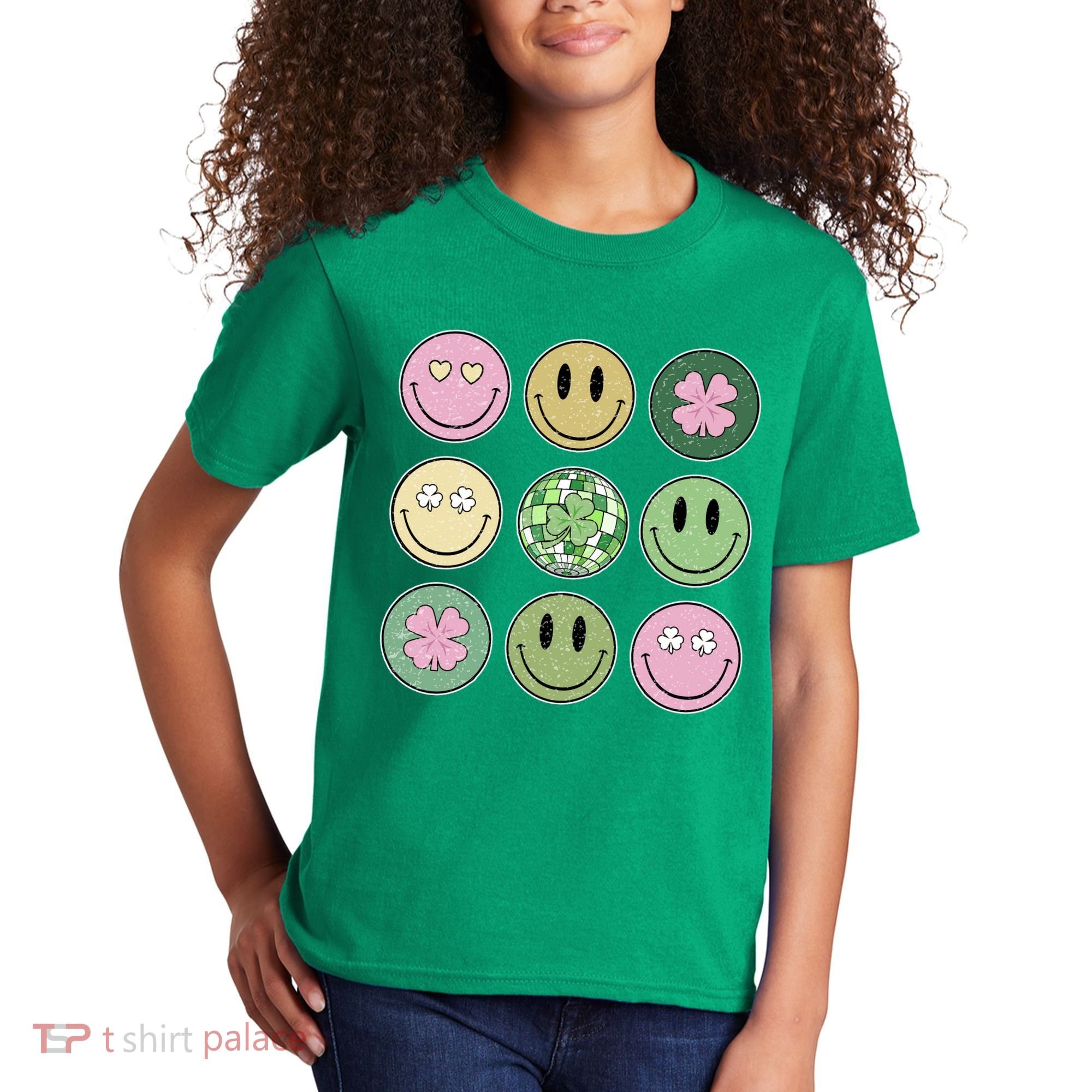 Shamrock Smile Face Disco Retro Groovy St Patricks Day Lucky Kids T-Shirt