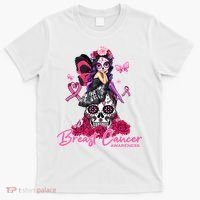 Sugar Skull Fight Breast Cancer Awareness Like A Girl Ribbon T-Shirt thumb 0