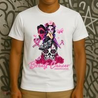 Sugar Skull Fight Breast Cancer Awareness Like A Girl Ribbon T-Shirt thumb 3