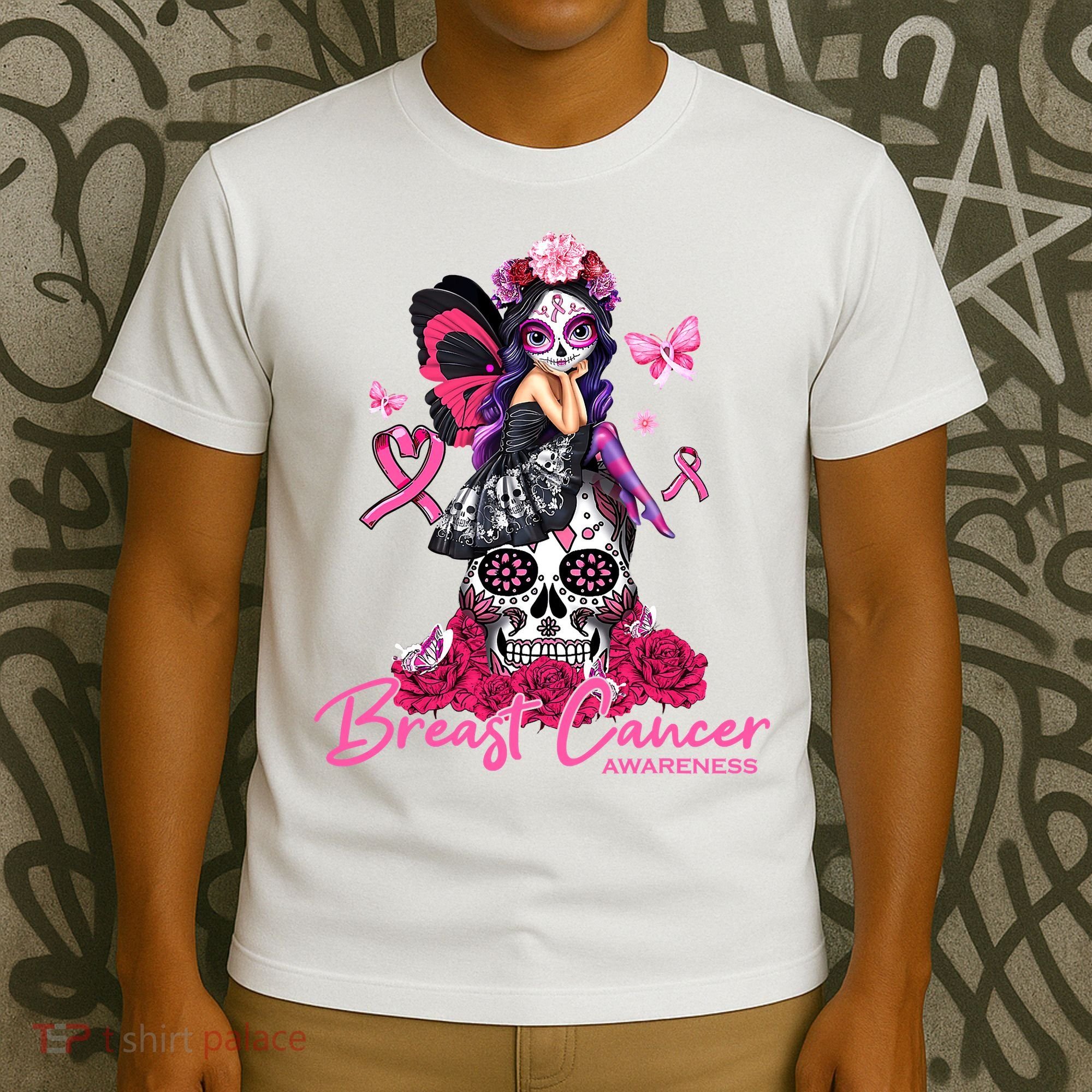 Sugar Skull Fight Breast Cancer Awareness Like A Girl Ribbon T-Shirt