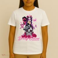 Sugar Skull Fight Breast Cancer Awareness Like A Girl Ribbon T-Shirt thumb 4