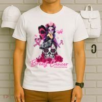 Sugar Skull Fight Breast Cancer Awareness Like A Girl Ribbon T-Shirt thumb 6