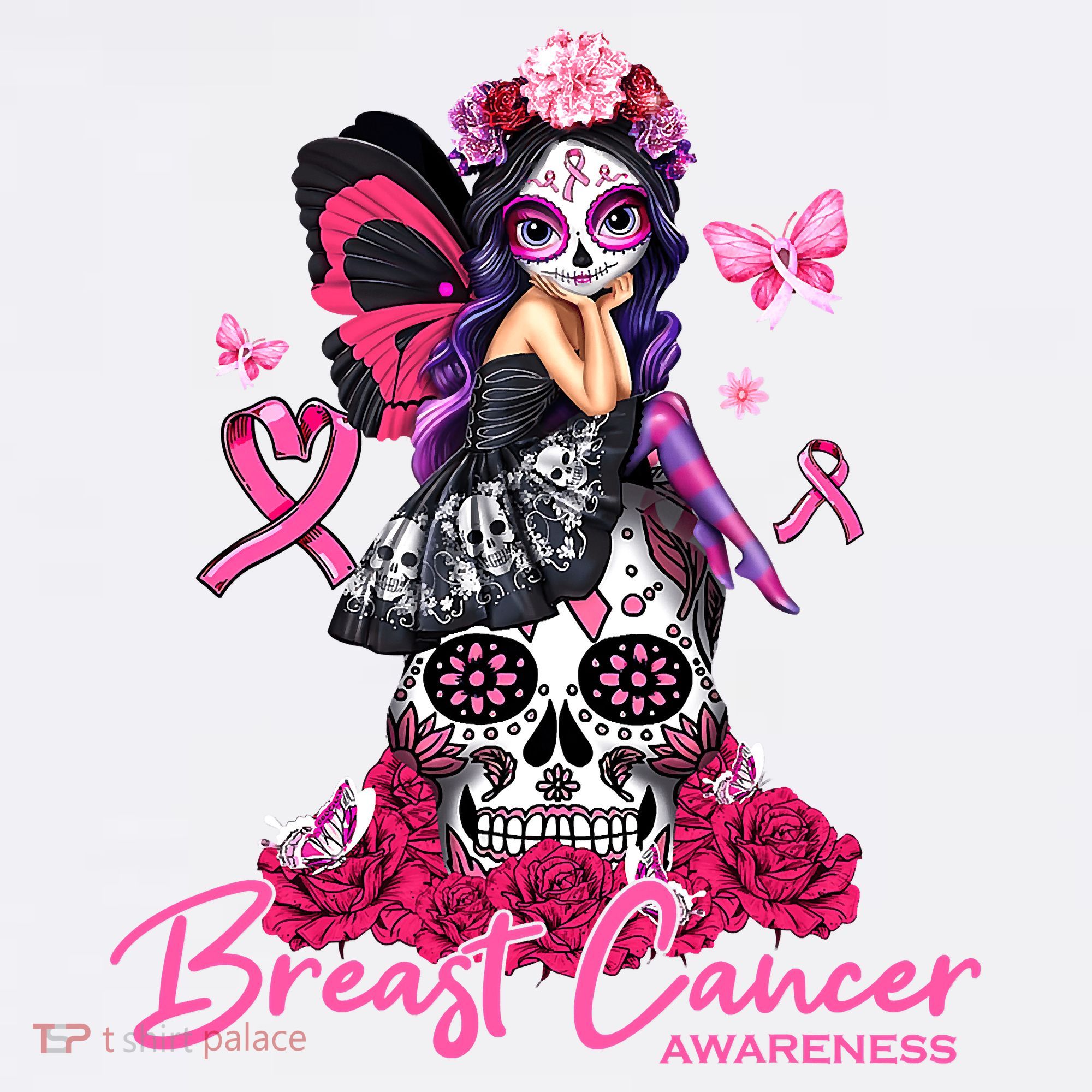 Sugar Skull Fight Breast Cancer Awareness Like A Girl Ribbon Women's Hoodie
