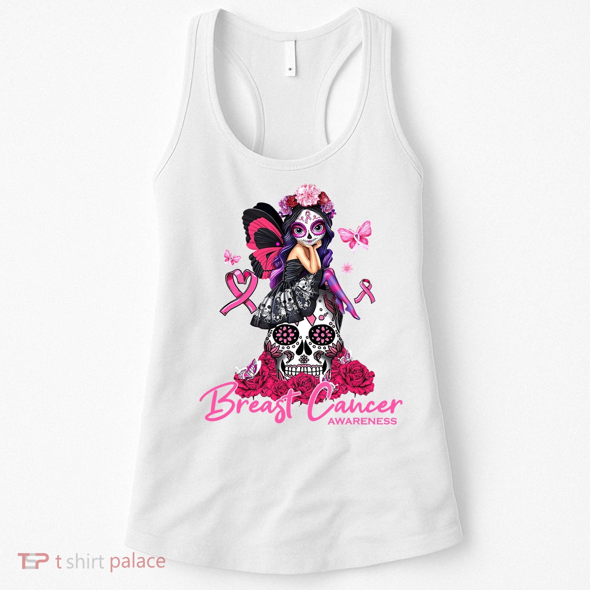 Sugar Skull Fight Breast Cancer Awareness Like A Girl Ribbon Women's Tank Top