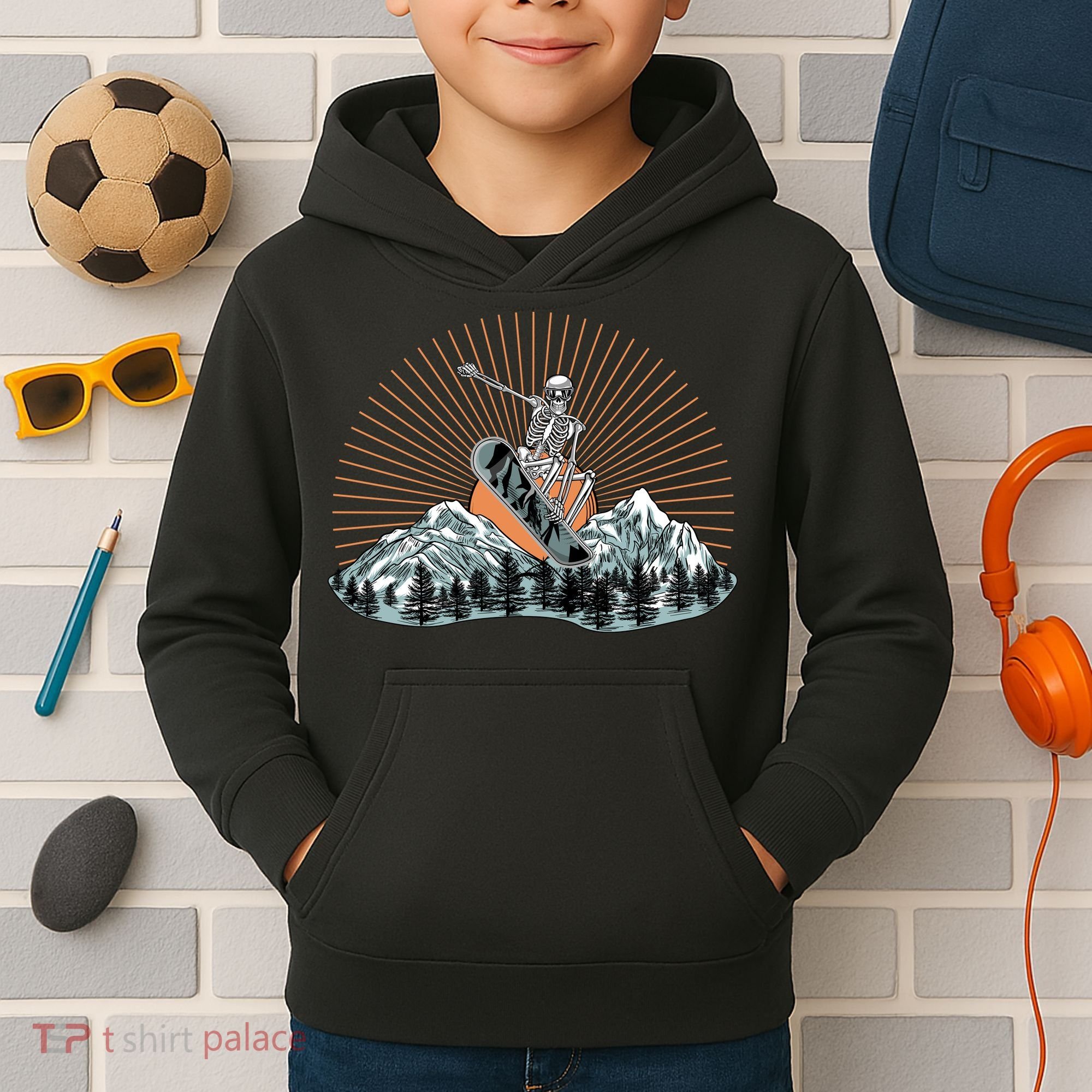 Ski Skull Funny Snowboarding Lover Kids Hoodie