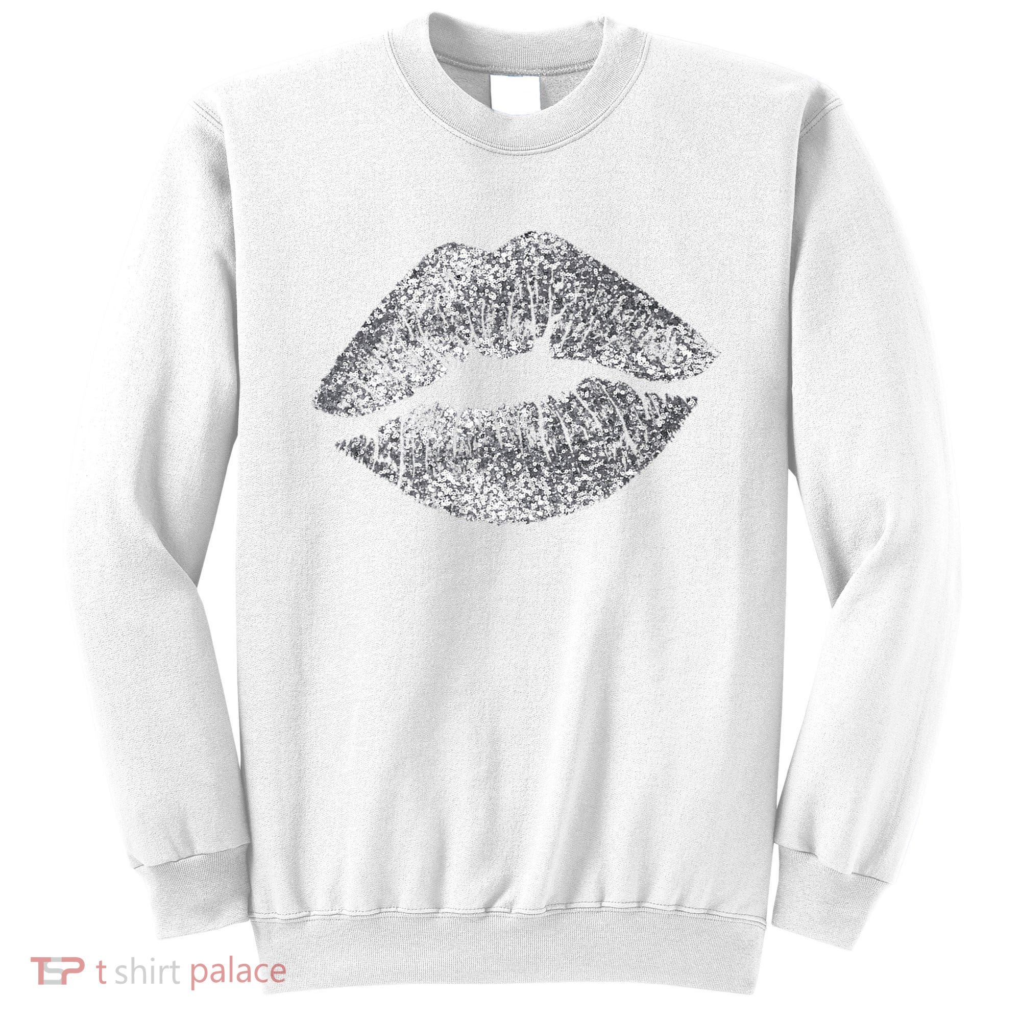 Sexy Silver Glitter Lips Kiss Me Love Makeup Lipstick Shirt Sweatshirt
