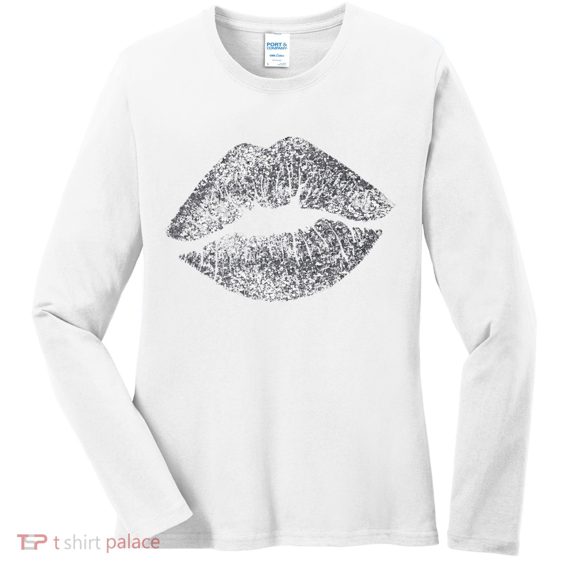 Sexy Silver Glitter Lips Kiss Me Love Makeup Lipstick Shirt Women's Long Sleeve Shirt