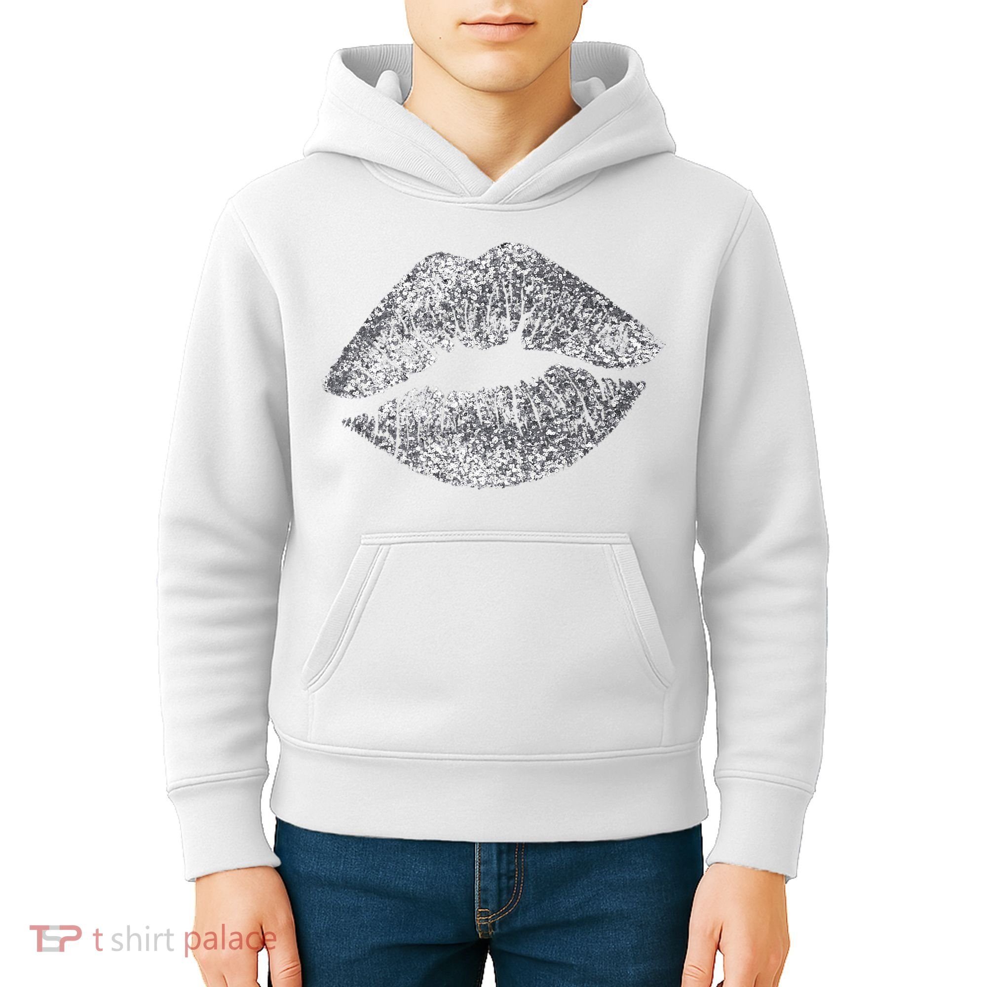 Sexy Silver Glitter Lips Kiss Me Love Makeup Lipstick Shirt Kids Hoodie