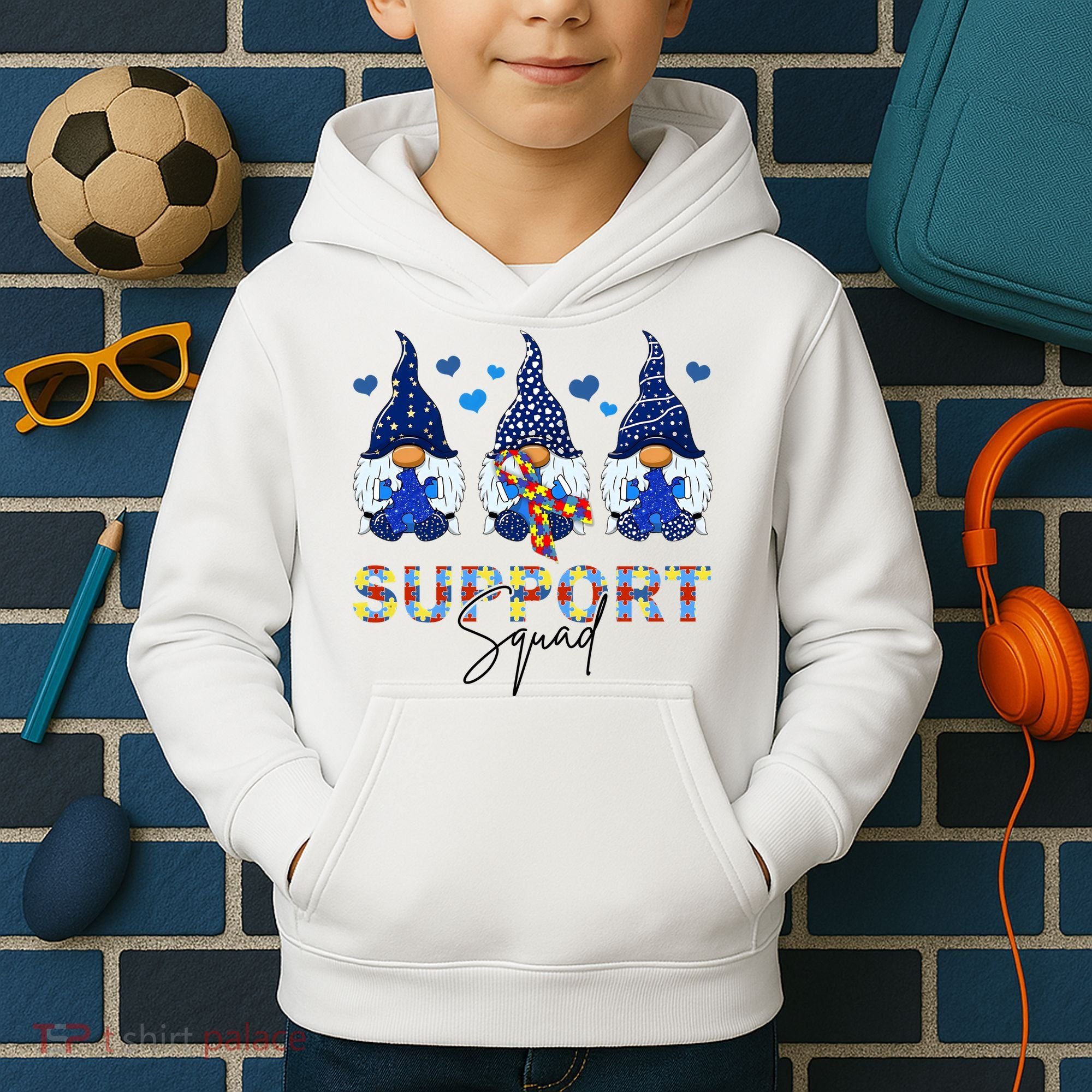 Support Squad Gnome Autism Awareness Month Kids Hoodie