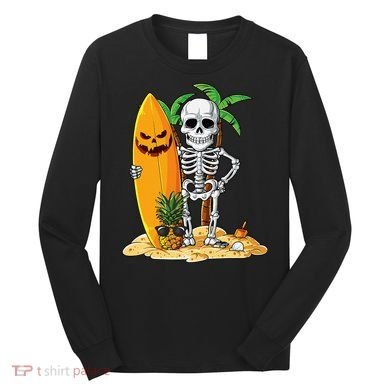Skeleton Surfing Halloween Hawaii Hawaiian Surfer Long Sleeve Shirt