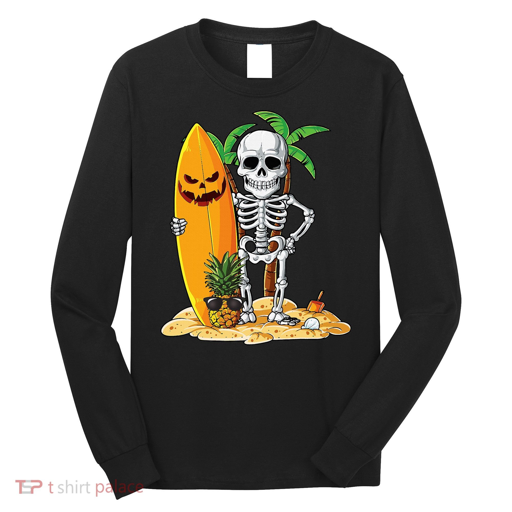 Skeleton Surfing Halloween Hawaii Hawaiian Surfer Long Sleeve Shirt