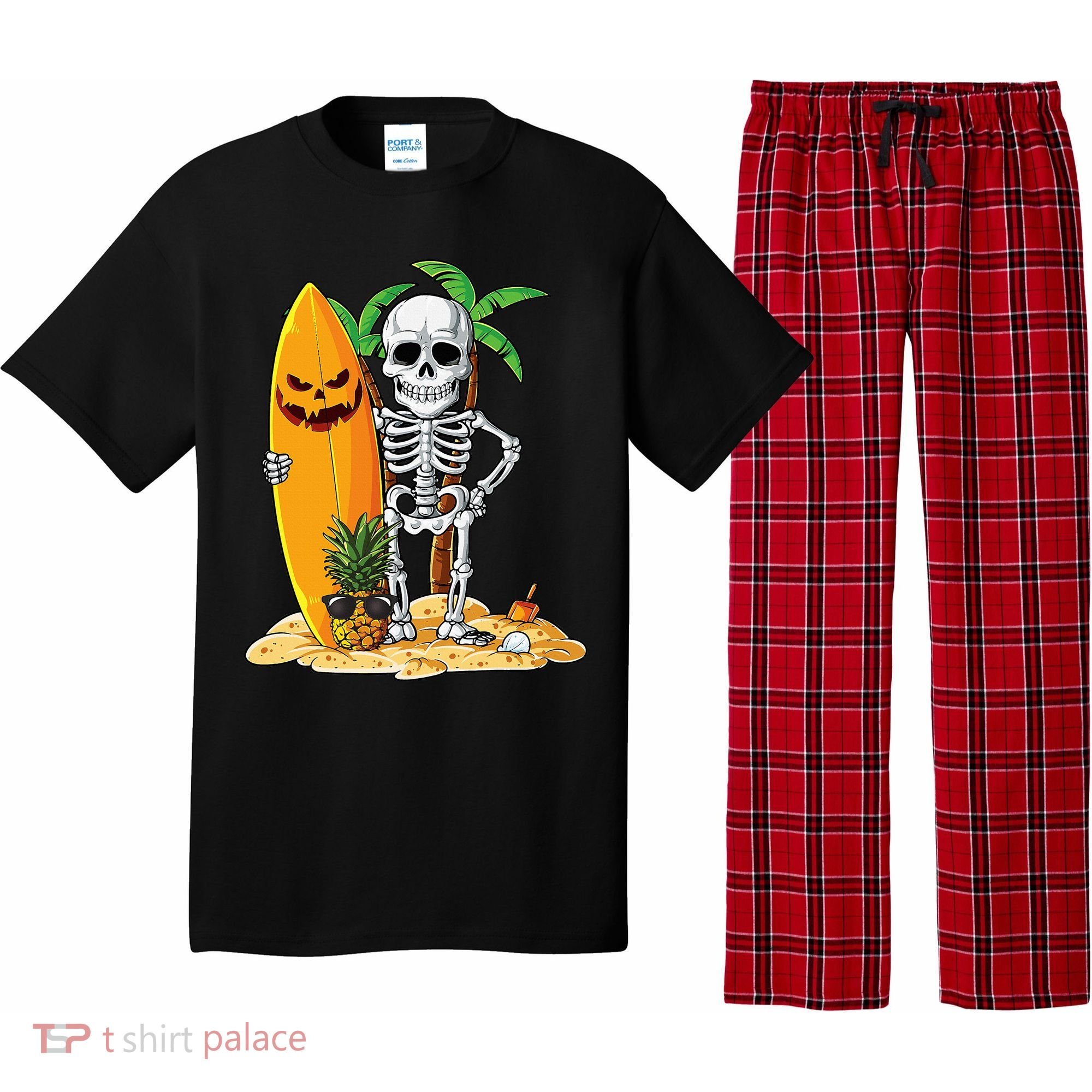 Skeleton Surfing Halloween Hawaii Hawaiian Surfer Pajama Set