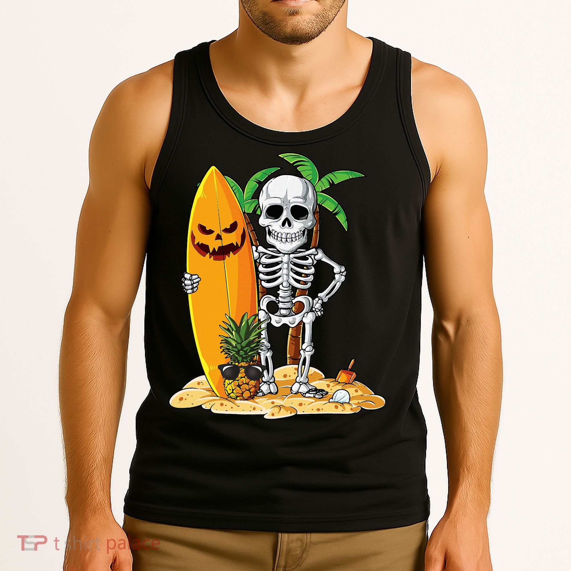 Skeleton Surfing Halloween Hawaii Hawaiian Surfer Tank Top