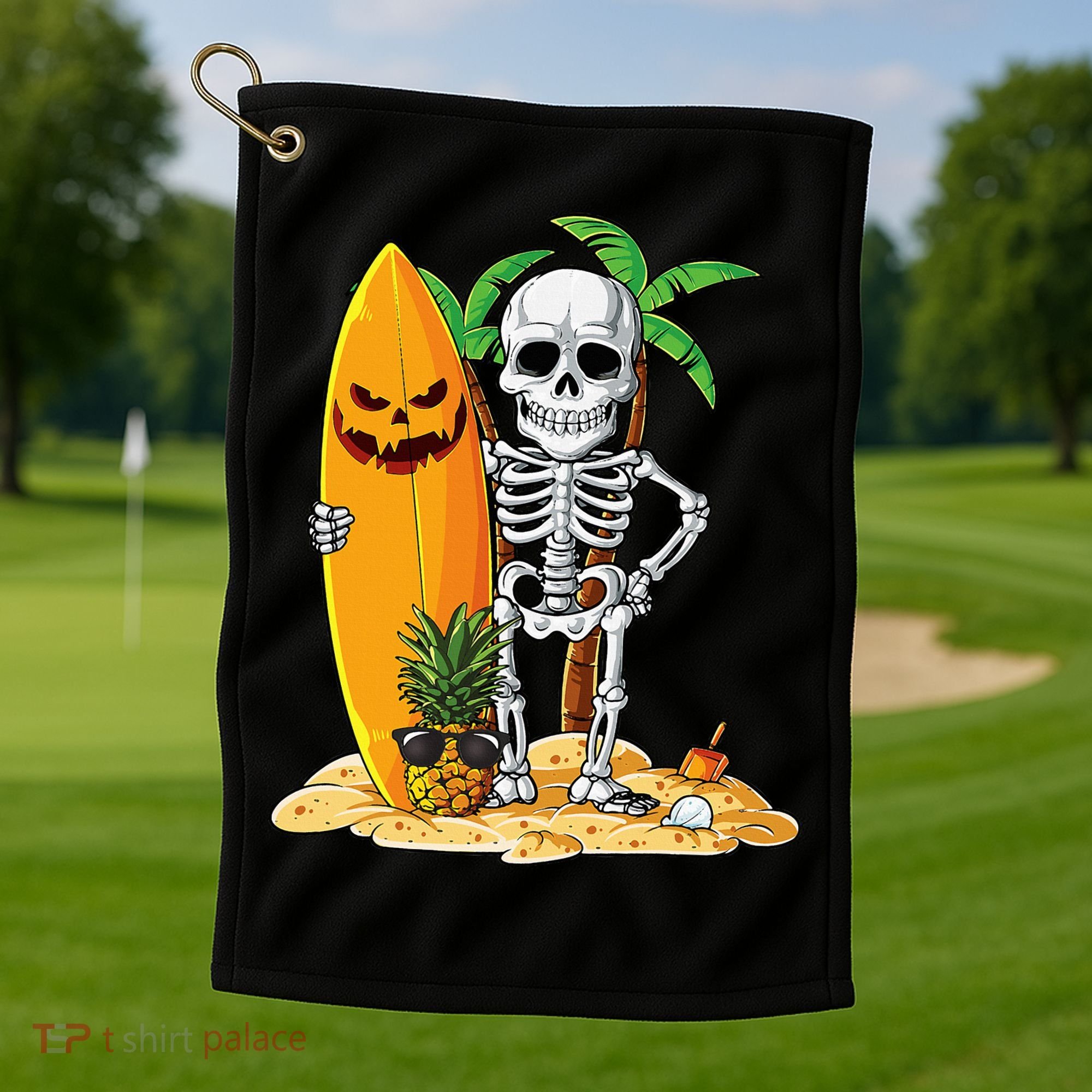 Skeleton Surfing Halloween Hawaii Hawaiian Surfer Golf Towel