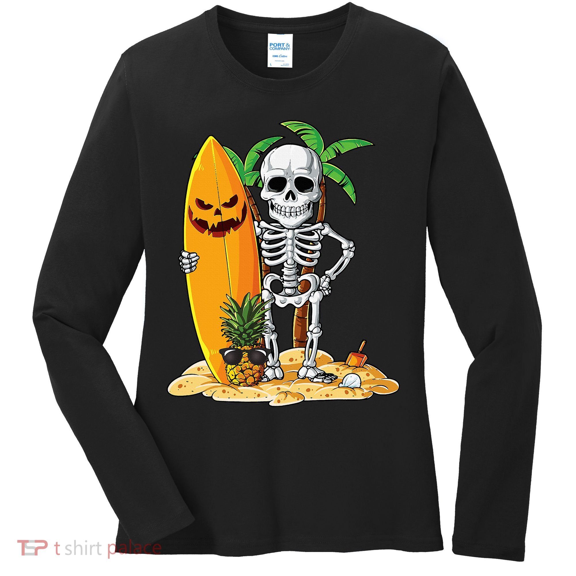 Skeleton Surfing Halloween Hawaii Hawaiian Surfer Women's Long Sleeve Shirt