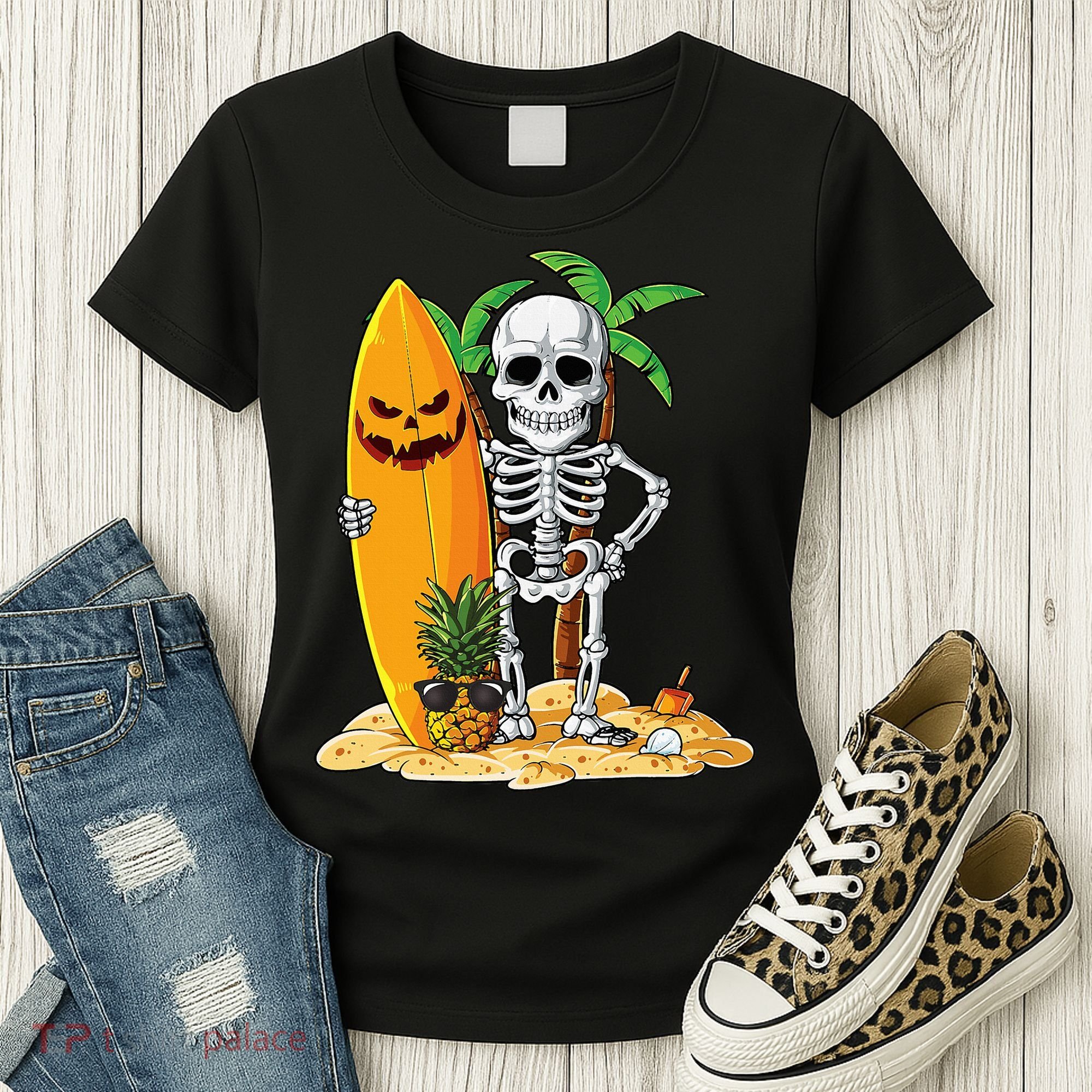 Skeleton Surfing Halloween Hawaii Hawaiian Surfer Women's T-Shirt
