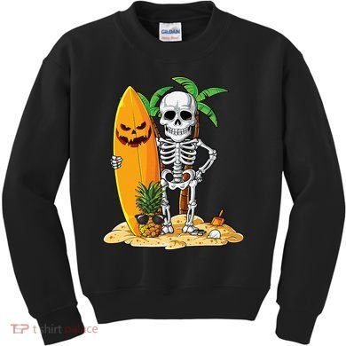 Skeleton Surfing Halloween Hawaii Hawaiian Surfer Kids Sweatshirt