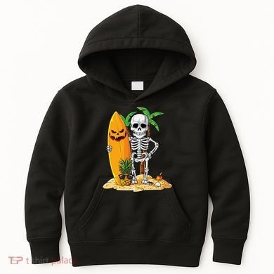 Skeleton Surfing Halloween Hawaii Hawaiian Surfer Kids Hoodie