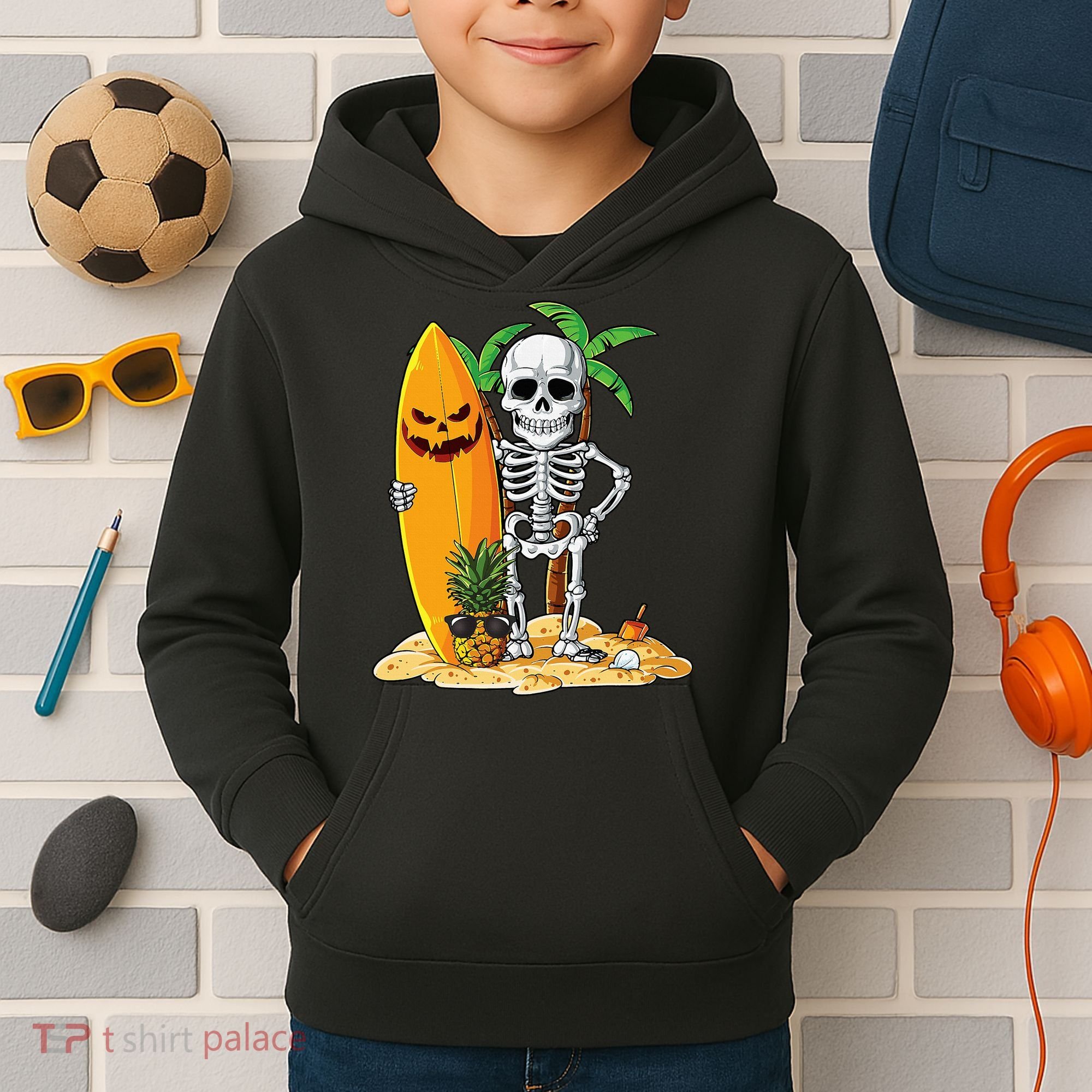 Skeleton Surfing Halloween Hawaii Hawaiian Surfer Kids Hoodie