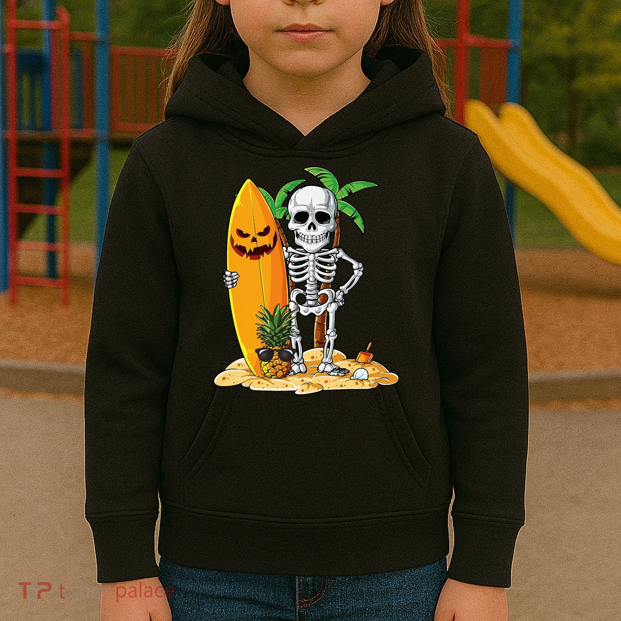 Skeleton Surfing Halloween Hawaii Hawaiian Surfer Kids Hoodie