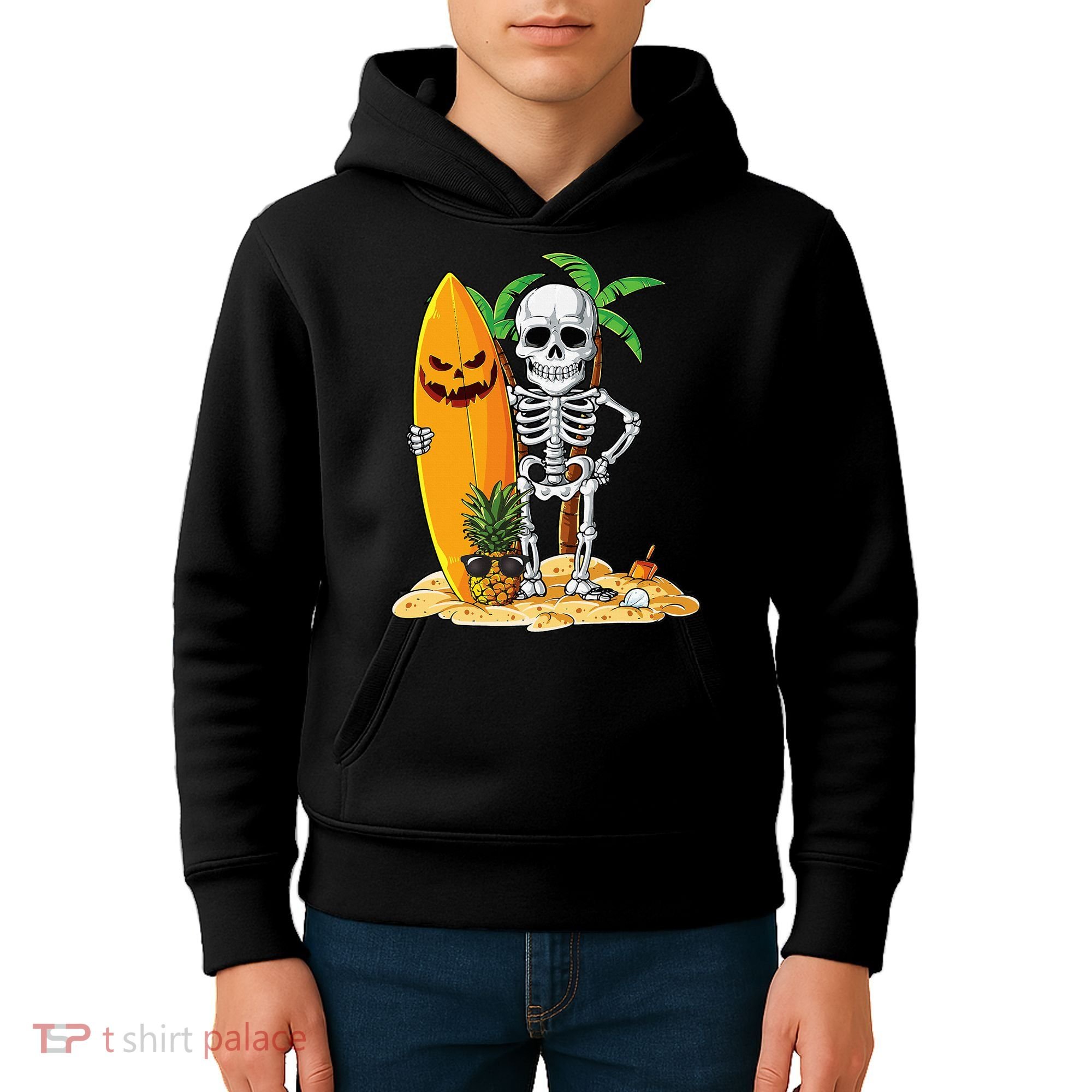 Skeleton Surfing Halloween Hawaii Hawaiian Surfer Kids Hoodie
